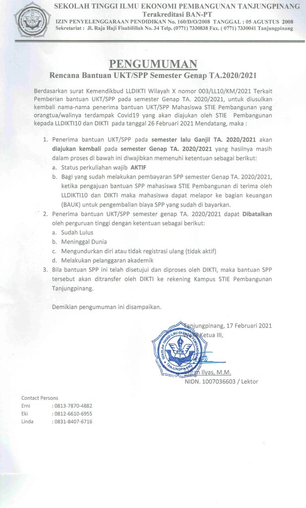 Bantuan Ukt Spp Semester Genap T A Stie Pembangunan