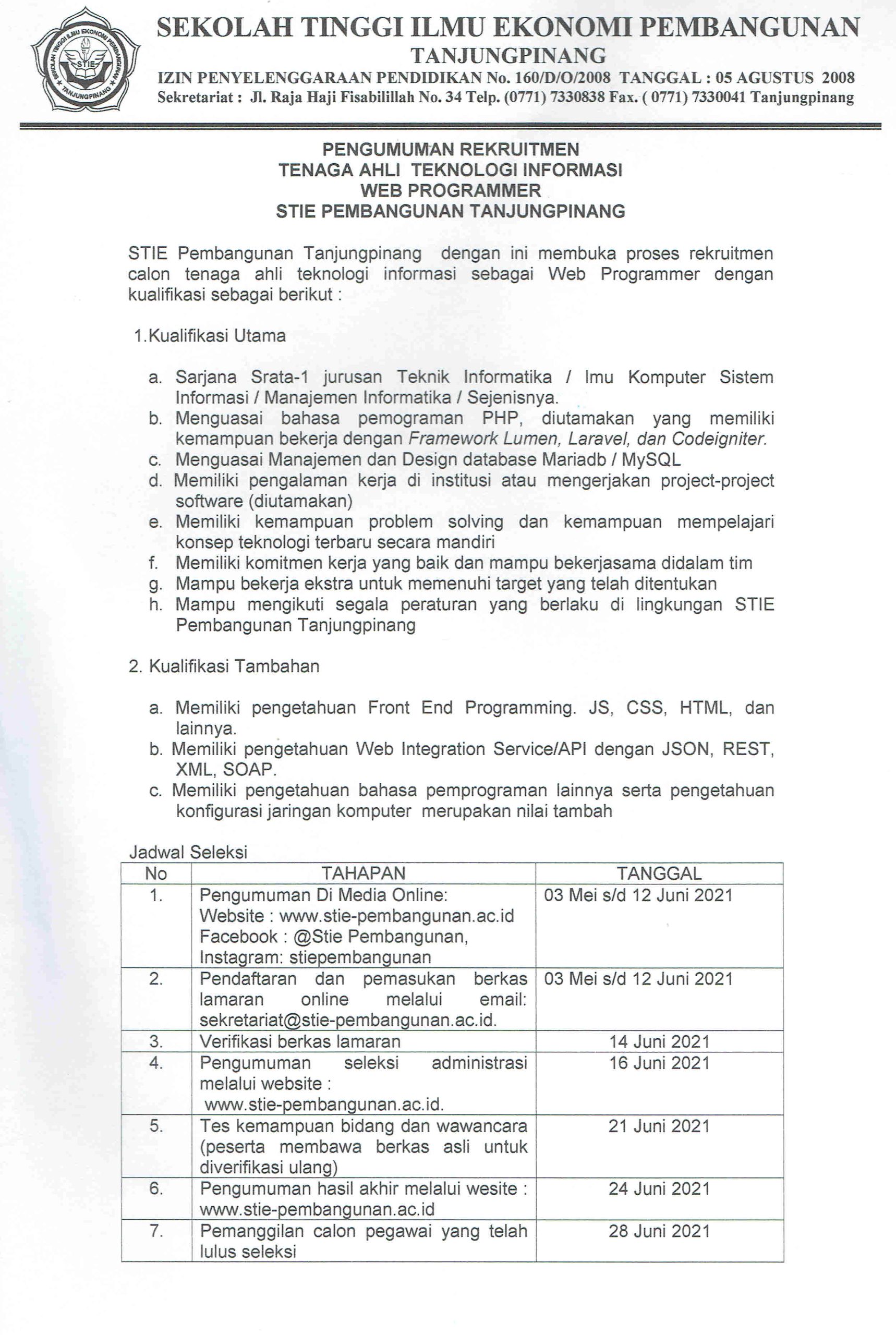 Open Recruitment Tenaga Ahli Teknologi Informasi Web Programmer STIE Pembangunan