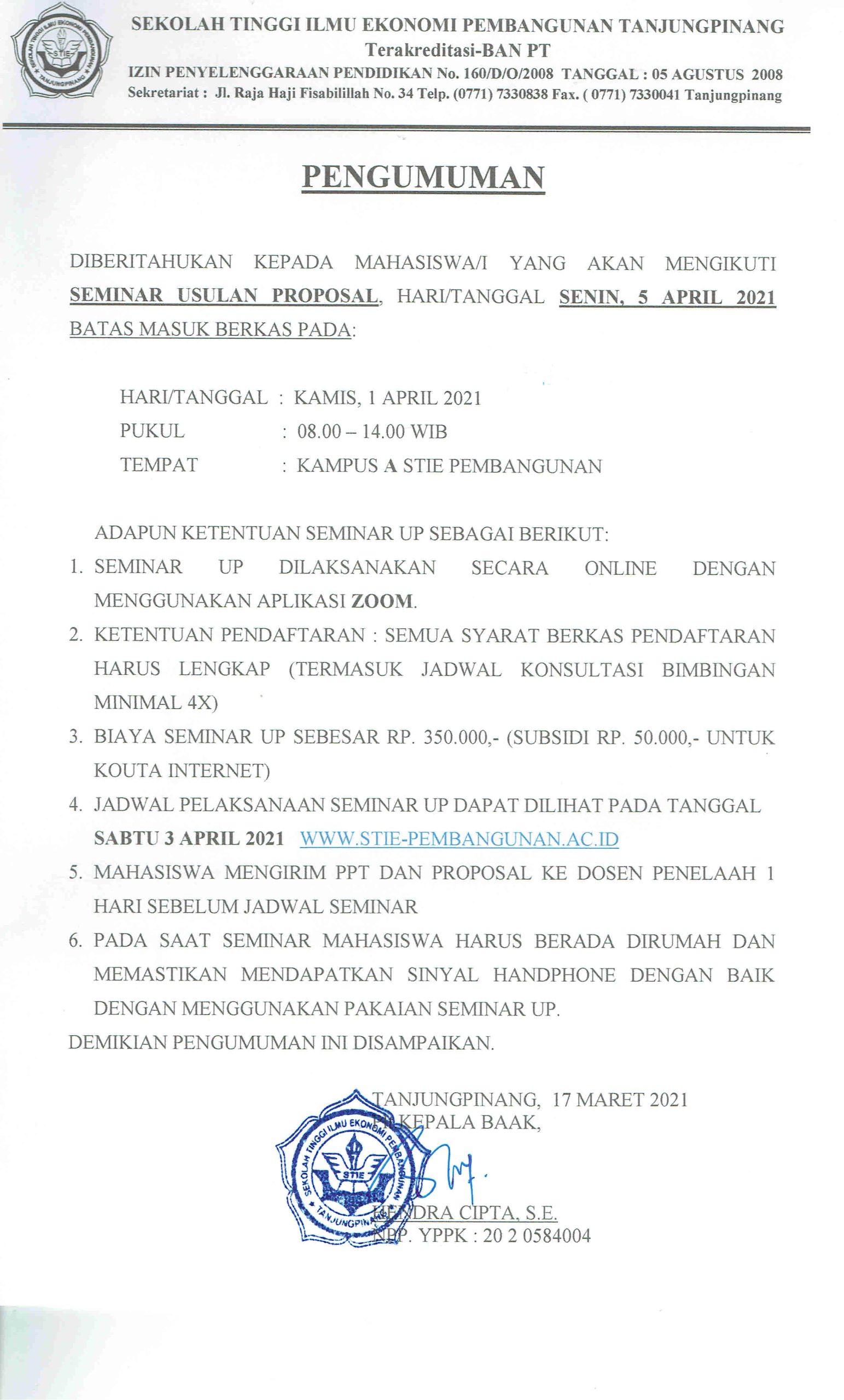 Pengumuman Seminar Usulan Penelitian Kamis, 1 April 2021